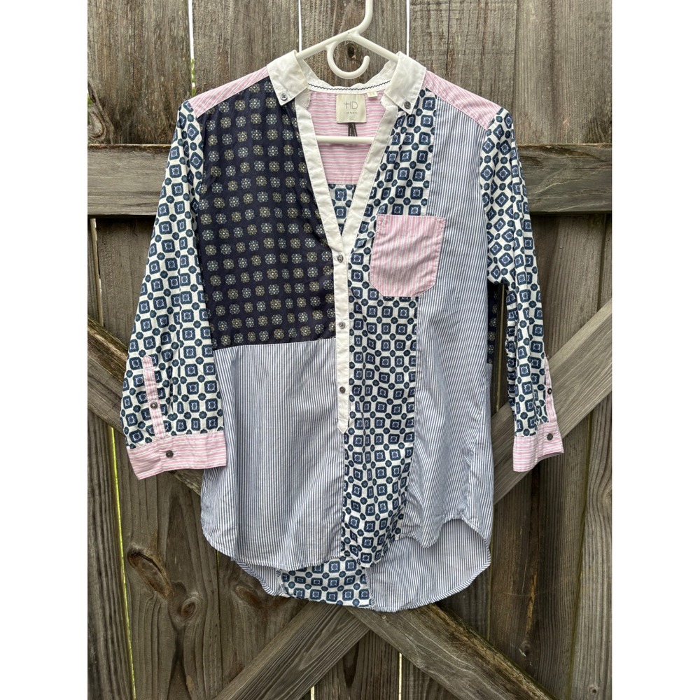 HD in Paris Anthropologie Mixed Print Patchwork Button Down Shirt US 2 Cotton